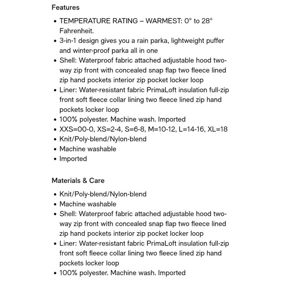 Land's End Hooded Insulated 3 in 1 Primaloft Parka Women's 1X  16W-18W.  Black - Picture 9 of 9